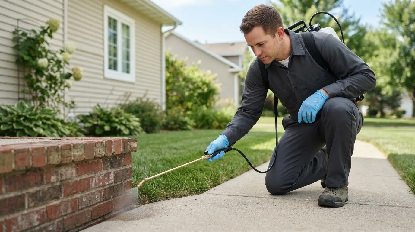 Pest control technician treating a home near Monroe Center, IL