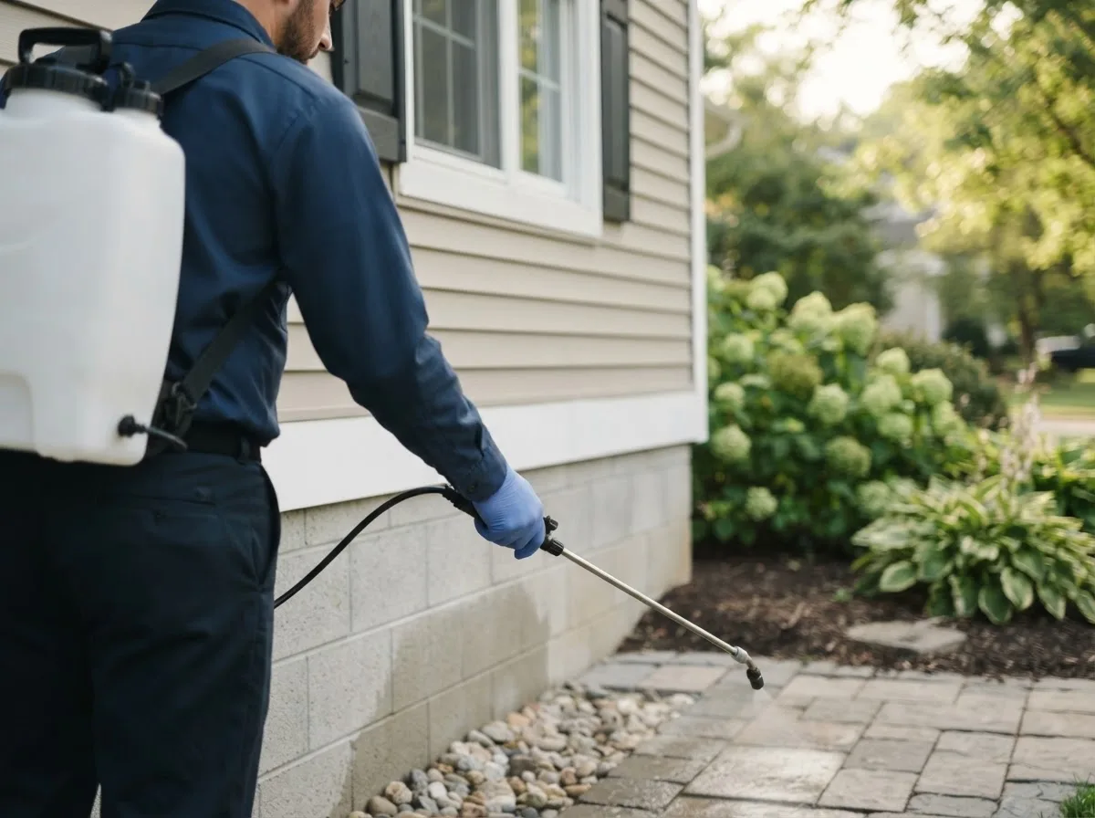 Pest control technician inspecting a home in Monroe Center, IL